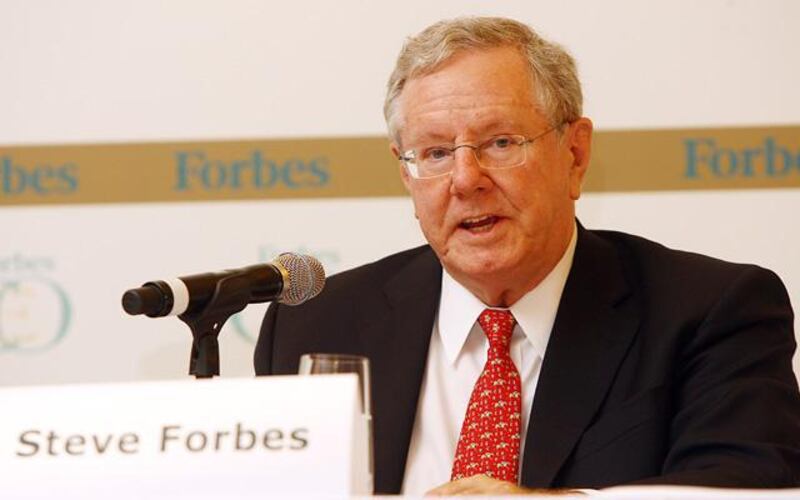 Dubai, United Arab Emirates-October 21, 2012;  Steve Forbes, Chairman & Editor-in-Chief, Forbes Media gestures during the media conference at the  Forbes Global CEO Conference  in Dubai . (  Satish Kumar / The National ) For News