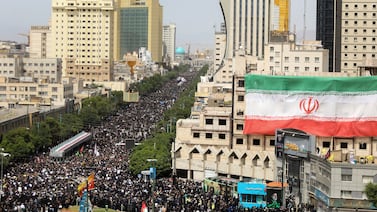 A handout photo made available by the Iranian presidency shows, Iranians take part in late president Ebrahim Raisi funeral ceremony in Mashhad, Iran, 23 May 2024.  Iranian president Raisi and seven others, among them foreign minister Amir-Abdollahian, were killed in a helicopter crash on 19 May 2024, after an official visit in Iran's northwest near the border with Azerbaijan, the Iranian government confirmed.  Iran's Supreme Leader Ayatollah Ali Khamenei on 20 May announced a five-day public mourning following Raisi's death.   EPA / IRANIAN PRESIDENCY  /  HANDOUT   HANDOUT EDITORIAL USE ONLY / NO SALES HANDOUT EDITORIAL USE ONLY / NO SALES