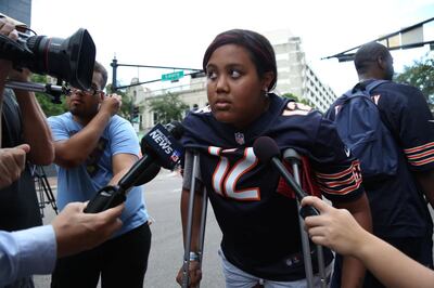 Taylor Poindexter speaks to reporters after witnessing a gunman open fire on gamers participating in a video game tournament outside The Jacksonville Landing in Jacksonville, Florida August 26, 2018.  REUTERS/Joey Roulette