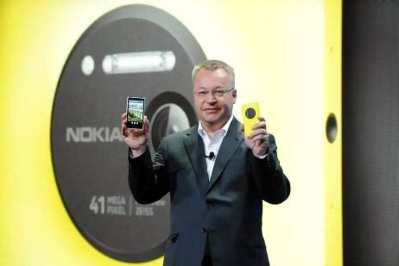 Nokia president and CEO Stephen Elop unveils the new Nokia Lumia 1020 smartphone, with a 41-megapixel camera. Diane Bondareff / Invision for Nokia / AP Images
