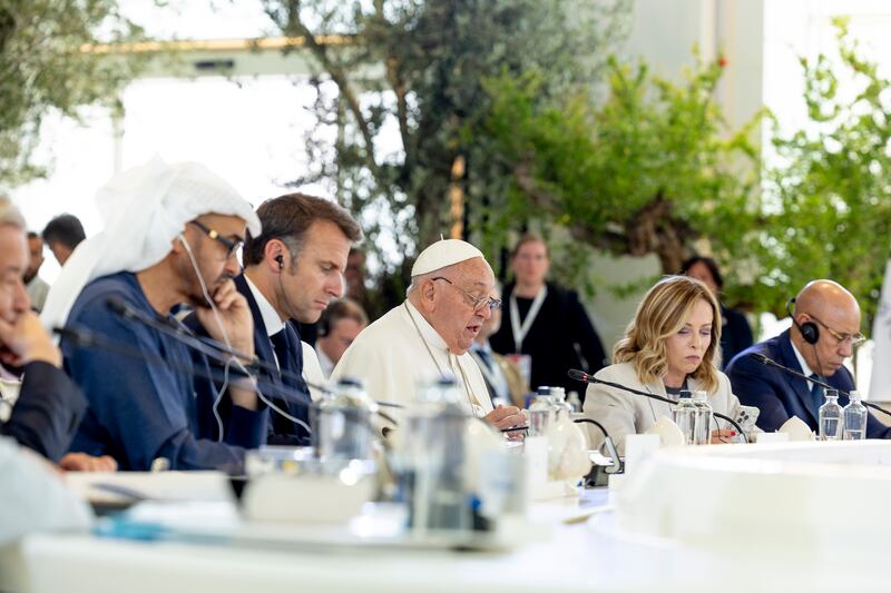 Sheikh Mohamed alongside, from right, President Mohamed Ould Ghazouani of Mauritania, Prime Minister Meloni of Italy, Pope Francis, and President Emmanuel Macron of France, during the Artificial Intelligence, Energy, Africa-Mediterranean session at the summit. Photo: Ryan Carter / UAE Presidential Court