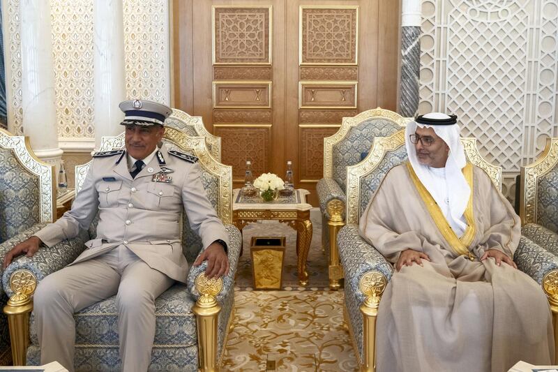 ABU DHABI, UNITED ARAB EMIRATES - October 21, 2018: HE Riyad Abdulrahman Al Mubarak, Chairman of the Abu Dhabi Department of Finance and Abu Dhabi Executive Council Member (R) and HE Major General Mohamed Khalfan Al Romaithi, Commander in Chief of Abu Dhabi Police and Abu Dhabi Executive Council Member (L), attend a meeting with HE Boyko Borisov, Prime Minister of Bulgaria (not shown), at at the Presidential Palace.

( Mohamed Al Hammadi / Crown Prince Court - Abu Dhabi )
---