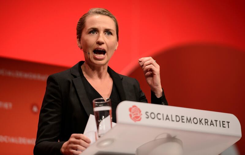 FILE - In this Friday Sept. 23, 2016 file photo, Danish Social Democrats chairman Mette Frederiksen gestures, during her opening speech at the Social Democratic Party's Congress 2016 in Aalborg, Denmark. A member of Denmarkâ€™s parliament, since 2001, she comes from a working-class background and has insisted on forming a one-party government if her party can garner a majority in upcoming general election Wednesday June 5, 2019. (Rene Schutze/Polfoto via AP, File)