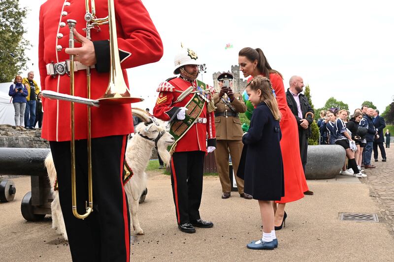 The Duchess of Cambridge and Princess Charlotte are seen during their visit to Cardiff Castle as a part of the royal family's tour for Queen Elizabeth's platinum jubilee celebrations. Reuters