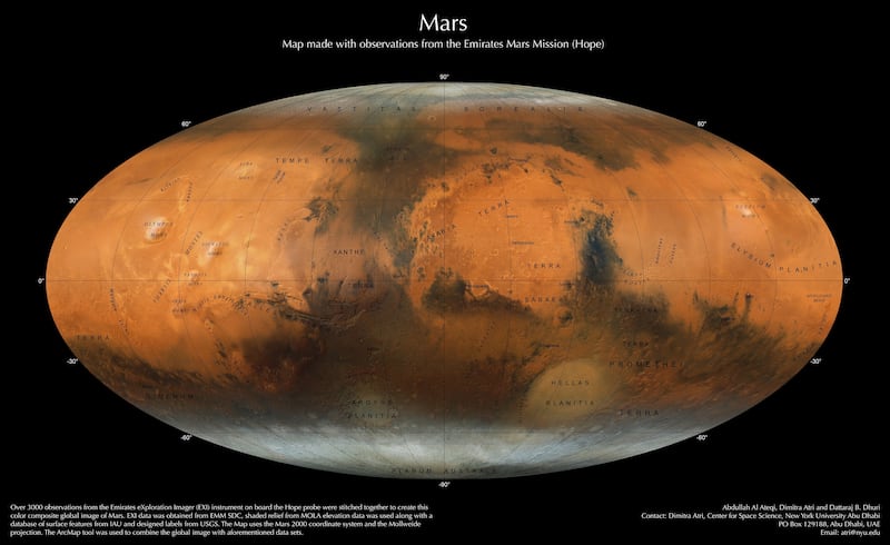 A New York University Abu Dhabi team has created a striking Mars map. Photo: NYUAD