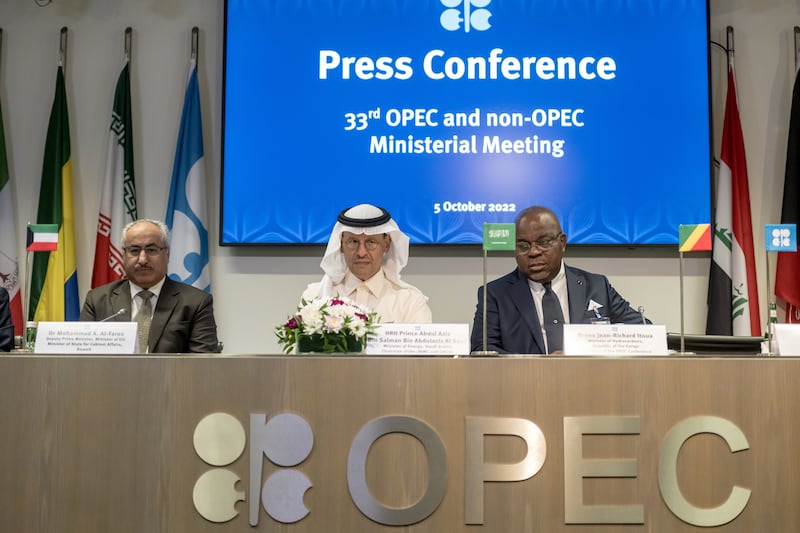Saudi Energy Minister Prince Abdulaziz bin Salman, centre, with other Opec+ officials at a meeting in Vienna on Wednesday. EPA