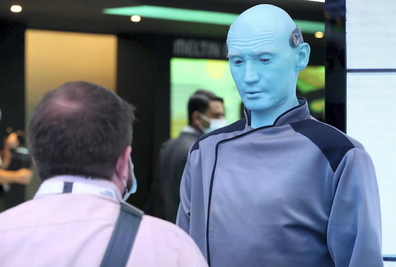 Dubai, United Arab Emirates - December 06, 2020: Adran, a blue humanoid developed using advanced software, sensors, artificial skin and animatronics at GITEX 2020 at the World Trade Centre. December 6th, 2020 in Dubai. Chris Whiteoak / The National