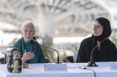 Dr Jane Goodall has asked young people to follow their dreams. She is pictured here with Marjan Faraidooni, chief of education and culture at Expo City Dubai. Antonie Robertson / The National