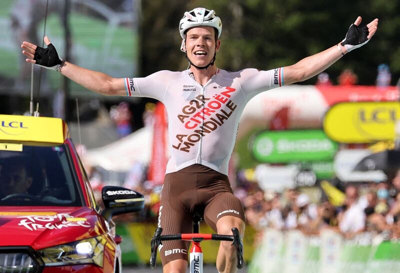 AG2R rider Bob Jungels celebrates as he wins Stage 9 of the Tour de France on Sunday, July 10, 2022. AFP