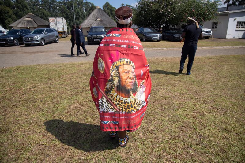A Zulu woman wears a portrait of the late King Goodwill. AFP