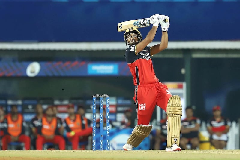 Harshal Patel of Royal Challengers Bangalore plays a shot during match 1 of the Vivo Indian Premier League 2021 between Mumbai Indians and the Royal Challengers Bangalore held at the M. A. Chidambaram Stadium, Chennai on the 9th April 2021. Photo by Faheem Hussain / Sportzpics for IPL