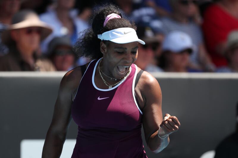 Serena Williams of the US celebrates a point against Christina McHale of the US during their women's singles second round match during the Auckland Classic tennis tournament in Auckland on January 9, 2020. / AFP / MICHAEL BRADLEY
