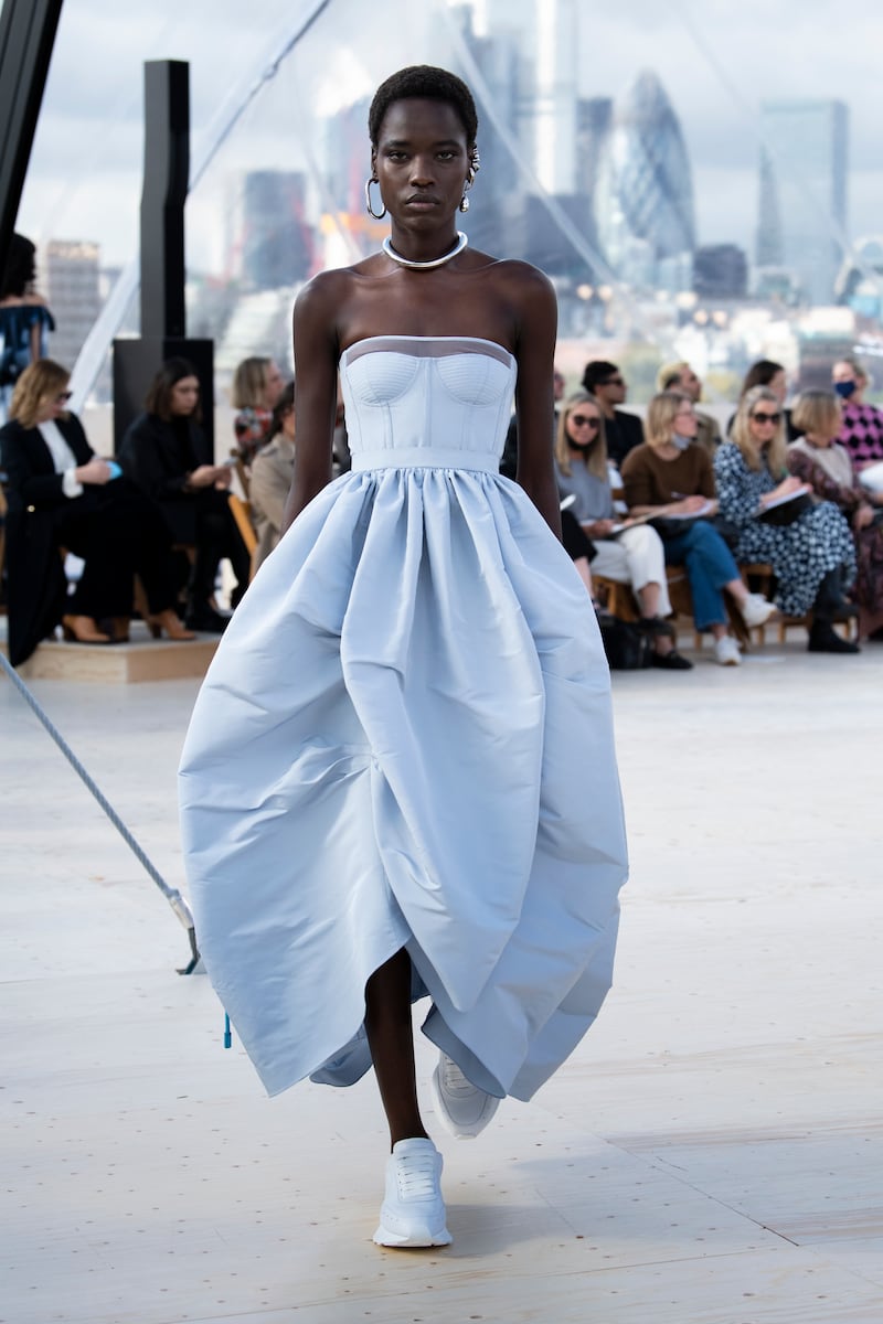 A sky blue corset dress from Alexander McQueen’s spring/summer 2022 collection