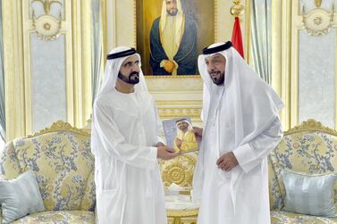 President Sheikh Khalifa and Sheikh Mohammed bin Rashid, Vice President and Ruler of Dubai, at Al Rawda Palace in 2013. Sheikh Khalifa and Sheikh Mohammed addressed the country before the 48th National Day. Wam    