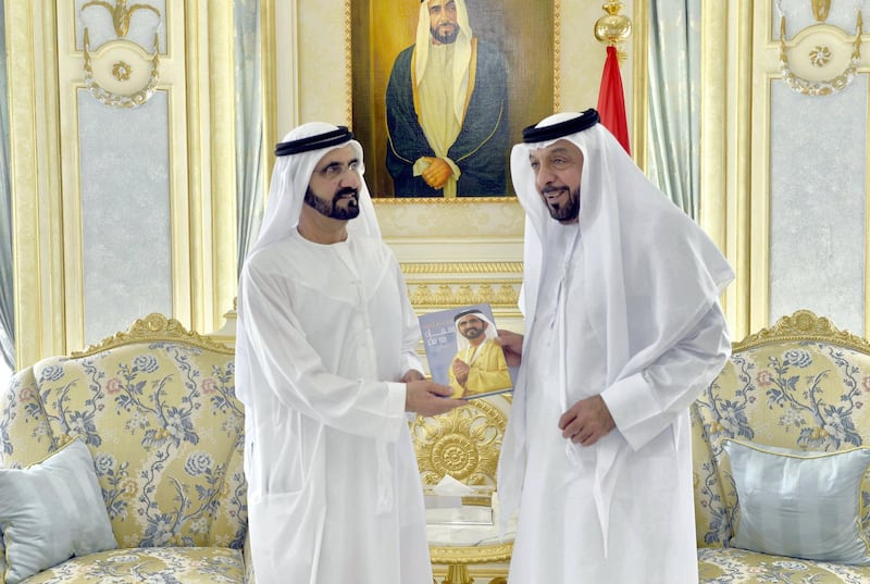 HH Sheikh Mohammed Bin Rashid Al Maktoum, Vice President of the UAE and Ruler of Dubai presented the first copy of his new book "Flashes of Inspiration" to HH Sheikh Khalifa bin Zayed Al Nahyan President of the UAE and Ruler of Abu Dhabi. (WAM) *** Local Caption ***  a18a793e-7a3c-452a-81f7-5169e5663259.jpg