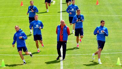 (FILES) This file photo taken on June 07, 2017 shows Russia's national football team head coach Stanislav Cherchesov leading a training session at Moscow's Eduard Streltsov Stadium, as part of the team's preparation for the upcoming 2017 FIFA Confederations Cup.
Appointed as the new coach of Russia's national football team right after its Euro 2016 disaster, Stanislav Cherchesov knew he was facing an uphill task. Now he has seven months to turn next year's World Cup host team into a viable adversary.  / AFP PHOTO / Yuri KADOBNOV