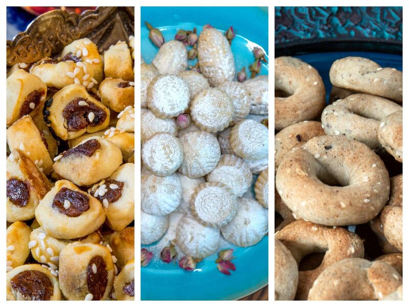 From left, kleicha tamur, ma'moul and ka'ak are three of the most popular Eid cookies. Photo: Victor Besa / The National; Table Tales 