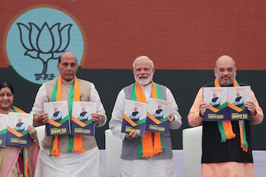 Indian Prime Minister Narendra Modi and senior members of his Bharatiya Janata Party release its manifesto for the upcoming general election in New Delhi on April 8, 2019. AP Photo