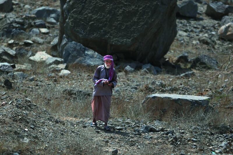 Saeed Zaid Al Qaishi looks for his missing goats in Wadi Shaha.