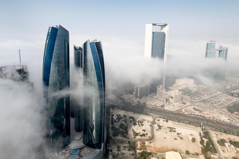 Fog clings to Etihad Towers in Abu Dhabi on January 3, 2015. Courtesy Ainhoa Sanchez / Volvo Ocean Race