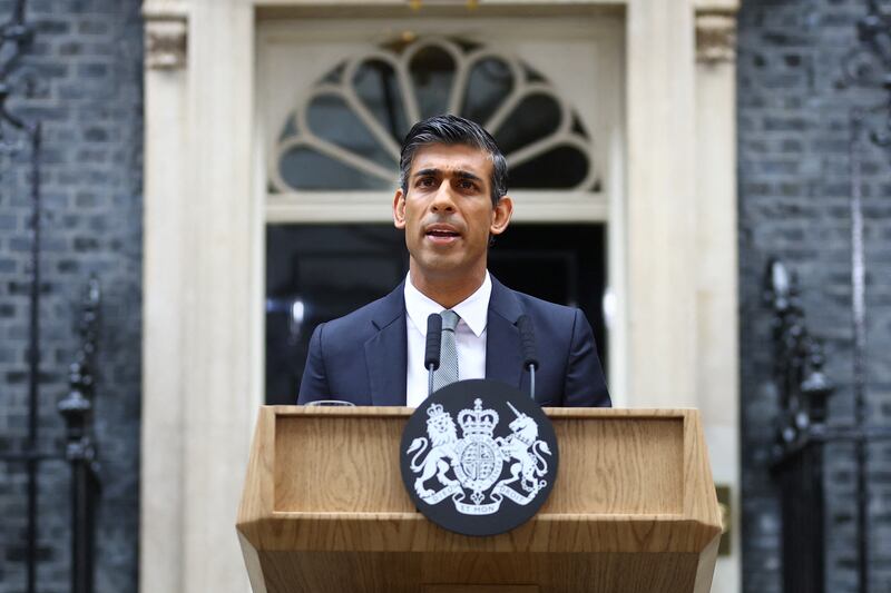 Britain's new Prime Minister Rishi Sunak delivers a speech outside Number 10 Downing Street. Reuters