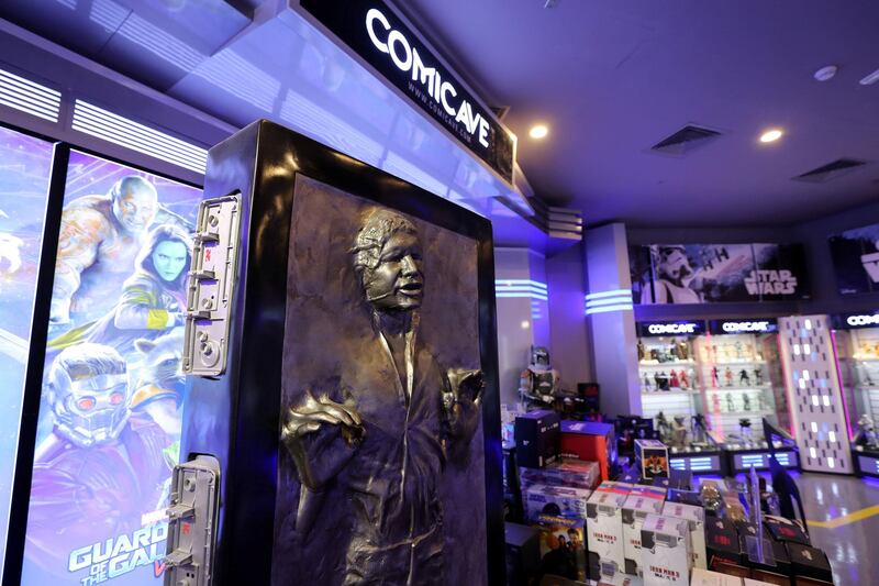 Dubai, United Arab Emirates - May 26, 2019: Photo Project. Replica of Han Solo encased in carbonite from Star Wars. Comicave is the WorldÕs largest pop culture superstore involved in the retail and distribution of high-end collectibles, pop-culture merchandise, apparels, novelty items, and likes. Thursday the 30th of May 2019. Dubai Outlet Mall, Dubai. Chris Whiteoak / The National