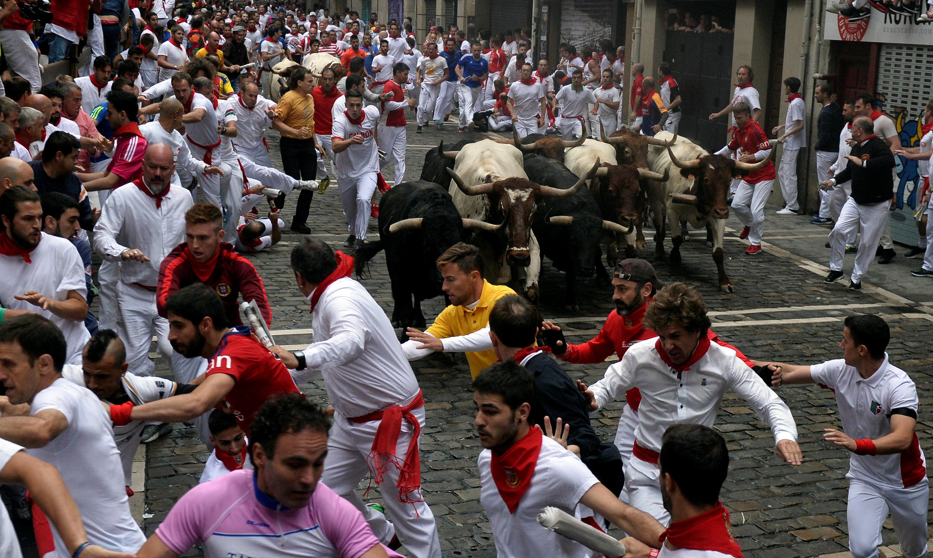 Runners sprint ahead of Fuente Ymbro fighting bulls. Vincent West / Reuters