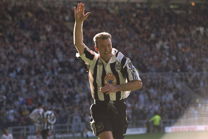 5 Apr 1997:  Alan Shearer of Newcastle United celebrates after he scored the equalizer during the Premier League match against Sunderland at St. James Park, Newcastle. The game was drawn 1-1. \ Mandatory Credit: Stu Forster /Allsport