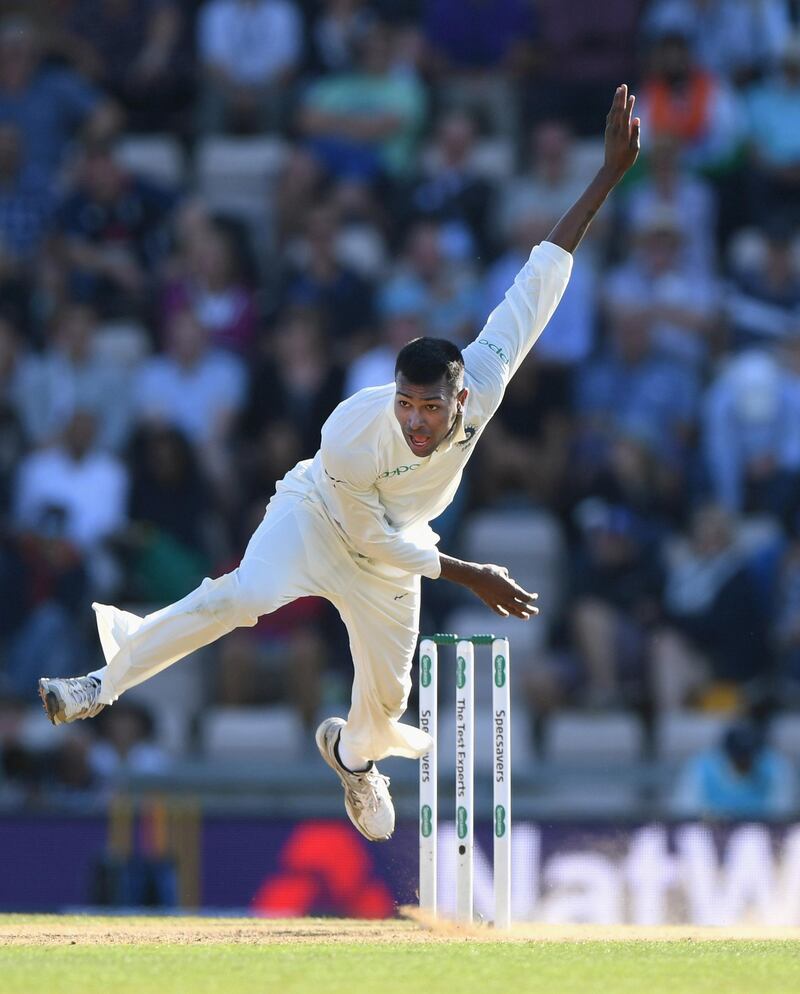 SOUTHAMPTON, ENGLAND - SEPTEMBER 01:  India bowler Hardik Pandya in action during day three of the 4th Specsavers Test between England and India at The Ageas Bowl on September 1, 2018 in Southampton, England.  (Photo by Stu Forster/Getty Images)