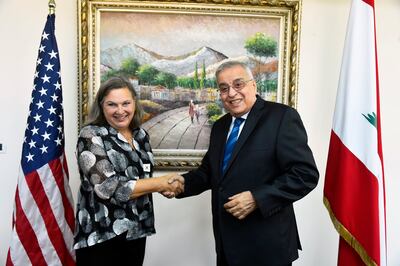 Lebanese Foreign Minister Abdullah Bou Habib meets US Under Secretary of State for Political Affairs Victoria Nuland in Beirut in October 2021. AP