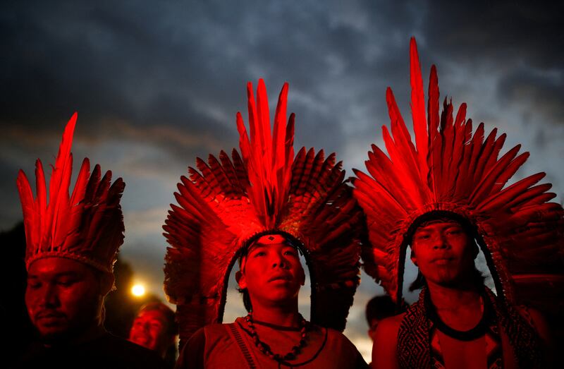 Shawadawa and Shanewa indigenous demonstrators protest against Brazil's President Jair Bolsonaro and a bill that will allow mining in indigenous territories if approved in congress. Brasilia, Brazil. Reuters