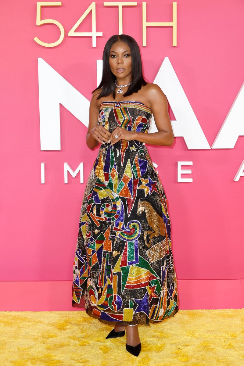 Gabrielle Union wears patterned vintage Versace. Getty Images 