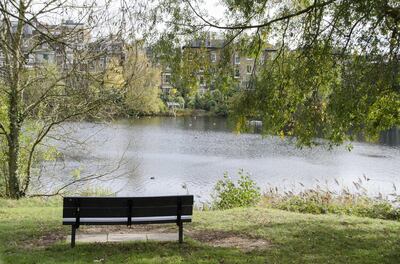 Rear view of an empty park bench, overlooking a pond, with buildings in the background, located in Hampstead Heath, a 790-acre public access park in central London, England. Getty Images