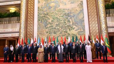 President Sheikh Mohamed and China’s President Xi Jinping are joined by Bahrain's King Hamad, Egypt’s President Abdel Fattah EL Sisi, Tunisia’s President Kais Saied and other delegations at the China-Arab States Co-operation Forum in Beijing on Thursday. Reuters