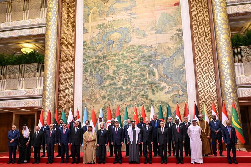 President Sheikh Mohamed and China’s President Xi Jinping are joined by Bahrain's King Hamad, Egypt’s President Abdel Fattah El Sisi, Tunisia’s President Kais Saied and other delegations at the China-Arab States Co-operation Forum in Beijing on Thursday. Reuters