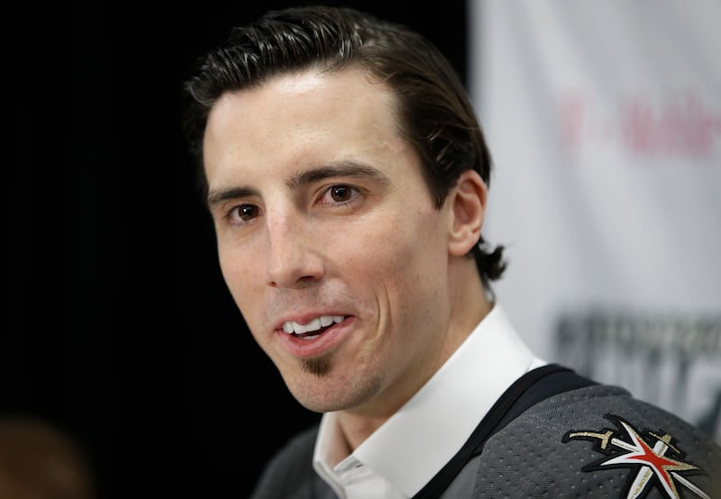 Vegas Golden Knights' Marc-Andre Fleury speaks with the media Wednesday, June 21, 2017, in Las Vegas. Fleury was picked by the team in the NHL hockey expansion draft. (AP Photo/John Locher)
