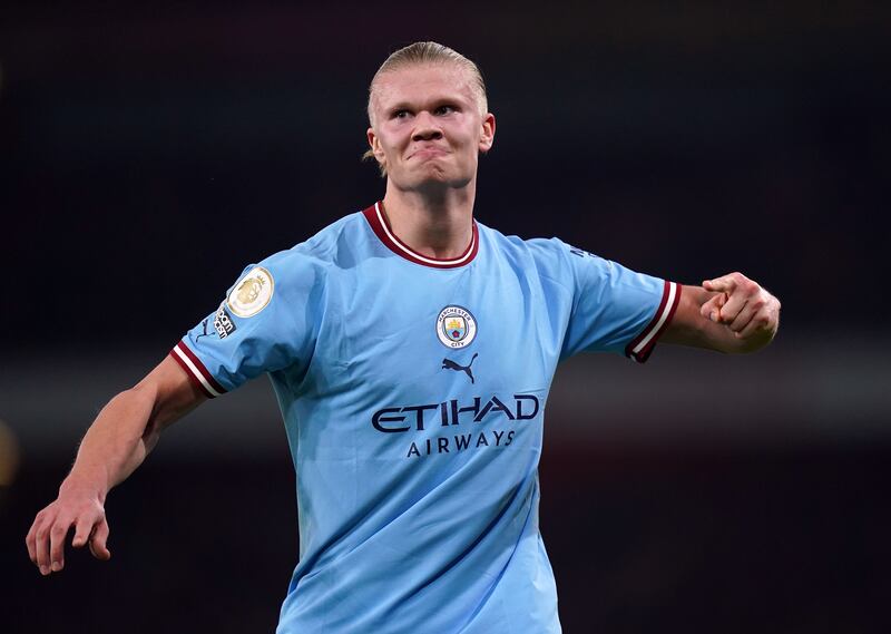 Erling Haaland celebrates scoring Manchester City's third goal in their 3-1 Premier League victory over Arsenal at the Emirates Stadium on February 15, 2023. PA