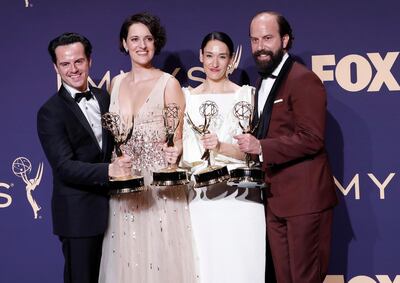 epa07863268 (L-R) Andrew Scott, Phoebe Waller-Bridge, Sian Clifford and Brett Galman hold the Emmy for Outstanding Comedy Series for 'Fleabag' at the 71st annual Primetime Emmy Awards ceremony held at the Microsoft Theater in Los Angeles, California, USA, 22 September 2019. The Primetime Emmys celebrate excellence in national primetime television broadcasting.  EPA/NINA PROMMER