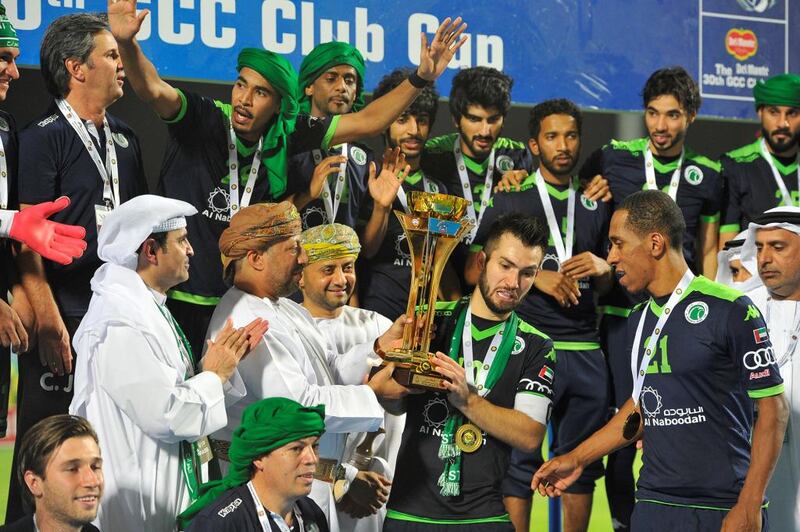 Al Shabab celebrate winning the GCC Club Final Cup Match, between Al Shabab and Al Seeb in Oman. May 27, 2015. Courtesy: World Sport Group 