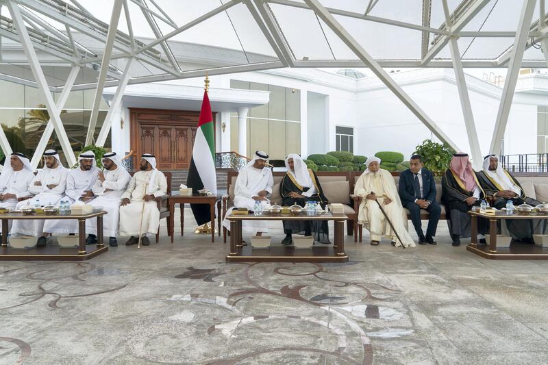 ABU DHABI, UNITED ARAB EMIRATES - November 12, 2018: HH Sheikh Mohamed bin Zayed Al Nahyan Crown Prince of Abu Dhabi Deputy Supreme Commander of the UAE Armed Forces (6th R), receives members of the Inclusive Citizenship Dialogues, during a Sea Palace barza. Seen with (L-R) HH Lt General Sheikh Saif bin Zayed Al Nahyan, UAE Deputy Prime Minister and Minister of Interior, HH Sheikh Abdullah bin Rashid Al Mu'alla, Deputy Ruler of Umm Al Quwain, HH Sheikh Nahyan Bin Zayed Al Nahyan, Chairman of the Board of Trustees of Zayed bin Sultan Al Nahyan Charitable and Humanitarian Foundation, HH Sheikh Hamdan bin Zayed Al Nahyan, Ruler���s Representative in Al Dhafra Region, HH Sheikh Tahnoon bin Mohamed Al Nahyan, Ruler's Representative in Al Ain Region and HE Shaykh Abdallah bin Bayyah (4th R).

( Rashed Al Mansoori / Ministry of Presidential Affairs )
---