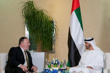 Sheikh Mohamed bin Zayed, right, US Secretary of State Mike Pompeo in Abu Dhabi. EPA