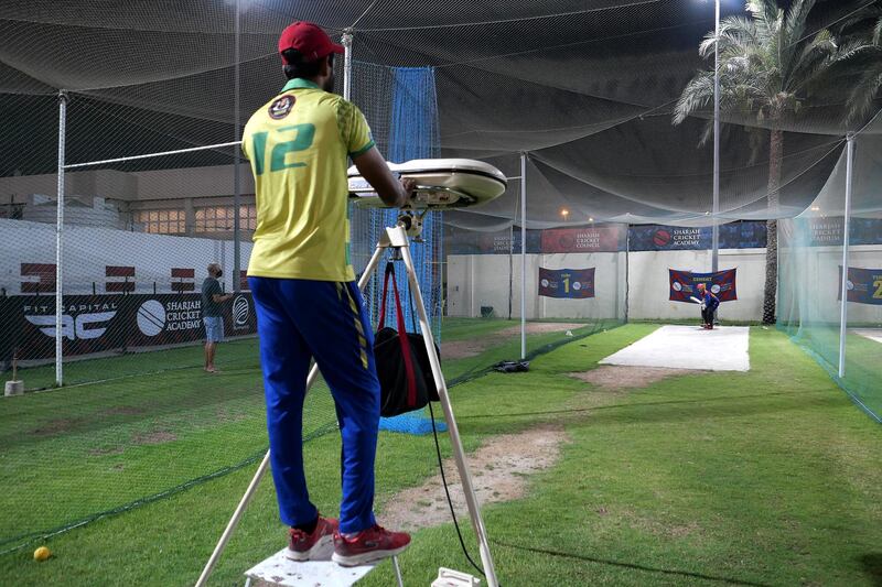 Hassan Khan, the son of Afghanistan/IPL star Mohammed Nabi, during the training at Sharjah Cricket Academy in Sharjah on May 10,2021. Pawan Singh / The National. Story by Paul