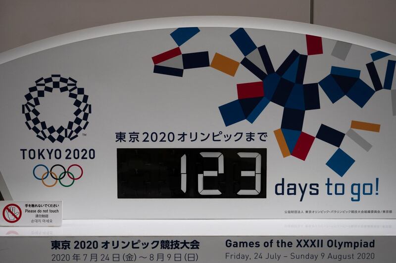 A countdown clock for the Tokyo 2020 Olympics is photographed in Tokyo, Monday, March 23, 2020. The IOC will take up to four weeks to consider postponing the Tokyo Olympics amid mounting criticism of its handling of the coronavirus crisis that now includes Canada saying it won't send a team to the games this year and the leader of track and field, the biggest sport at the games, also calling for a delay. (AP Photo/Jae C. Hong)