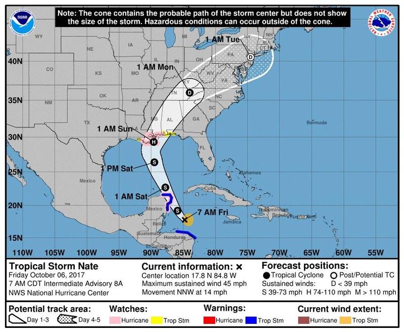 epa06248434 A handout photo made available by the National Oceanic and Atmospheric Administration (NOAA) showing Coastal Watches/Warnings and Forecast Cone for Storm Center of the predicted path of tropical storm Nate, on 06 October 2017. According to NOAA's National Hurricane Center, Nate is forecasted to bring life-threatening flash floods in Central America, and a possibility NAte could intensify to a hurricane over the Yucatan peninsula.  EPA/NOAA / HANDOUT  HANDOUT EDITORIAL USE ONLY/NO SALES