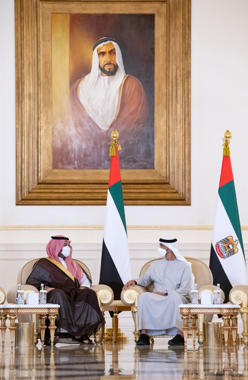 Prince Mohammed meets the President, Sheikh Mohamed, in Abu Dhabi. 