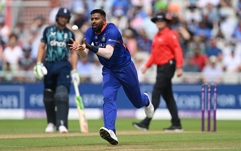 India's Hardik Pandya takes the catch off his own bowling to dismiss England batsman Ben Stokes. Getty