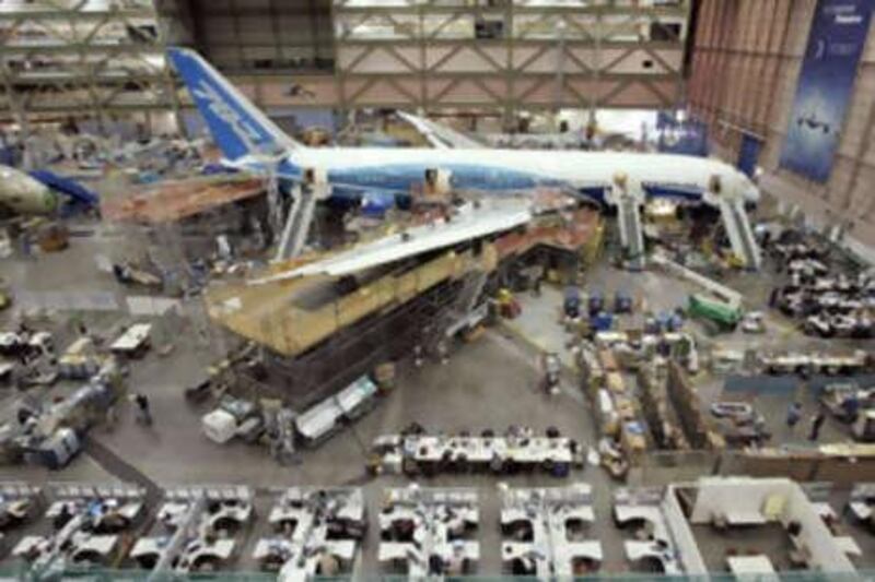The first Boeing 787 stands on the assembly line in Everett, Washington. Etihad Airways is placing an order for 45 Boeing aircraft in a deal, announced at the Farnborough International Airshow, which includes 35 Boeing 787 aircraft.