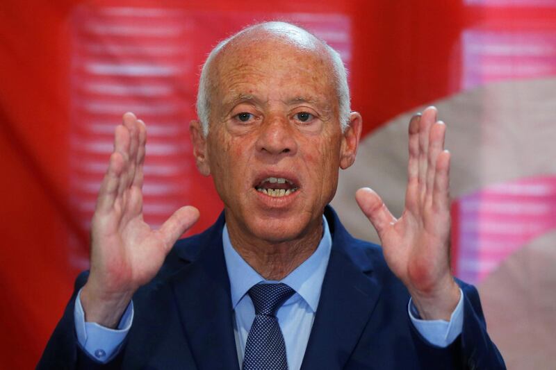 Presidential candidate Kais Saied speaks during a news conference after the announcement of the results in the first round of Tunisia's presidential election in Tunis, Tunisia September 17, 2019. REUTERS/Muhammad Hamed