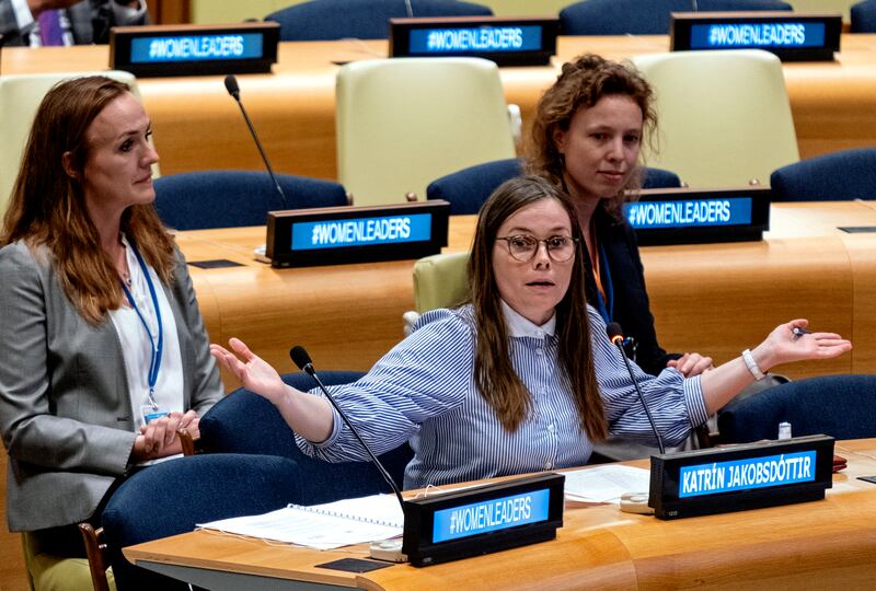 Iceland's Prime Minister Katrin Jakobsdottir addresses participants. AP 