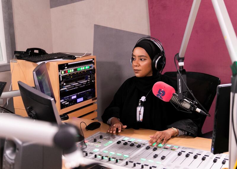 DUBAI, UNITED ARAB EMIRATES. 11 DECEMBER 2019. Sharjah born and raised, Aisha Al Mazmi is the co-host of ‘Afternoon Karak’ on the Pulse 95 Radio news.(Photo: Reem Mohammed/The National)Reporter:Section: